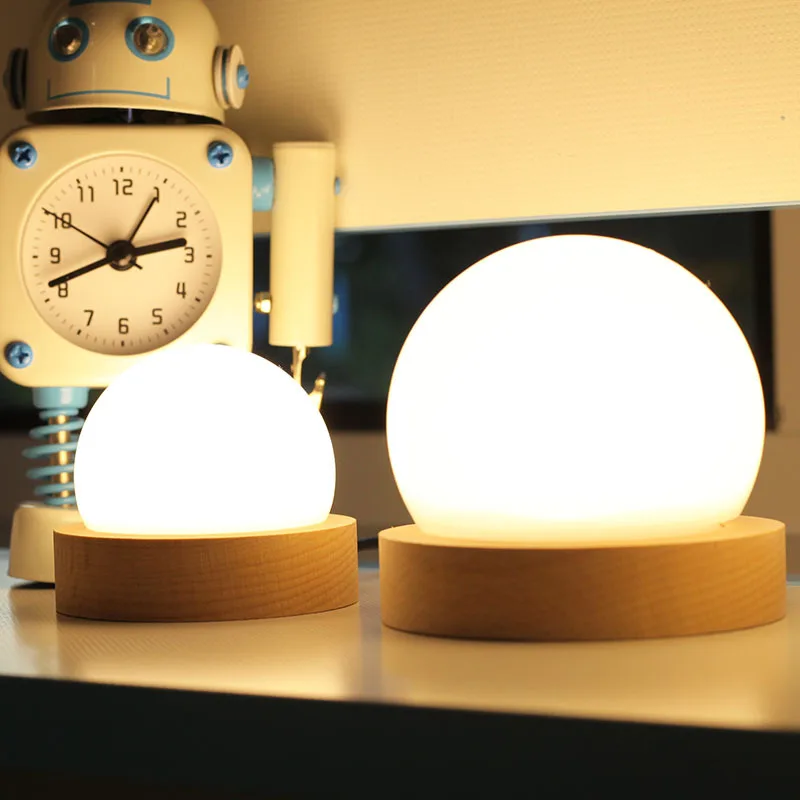 

New Ins Hot Led Night Lights Bedside Reading Lamp Wood/Glass Ball Usb Plug Children Gift Reading Bedroom Decoration Table Lamp