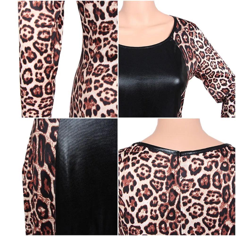 

Women Sexy Midi Dress Elegant Patchwork Sheath Sleeve Leopard Print Bodycon Spring Autumn Sexy Casual Pencil Knee Length Dresses