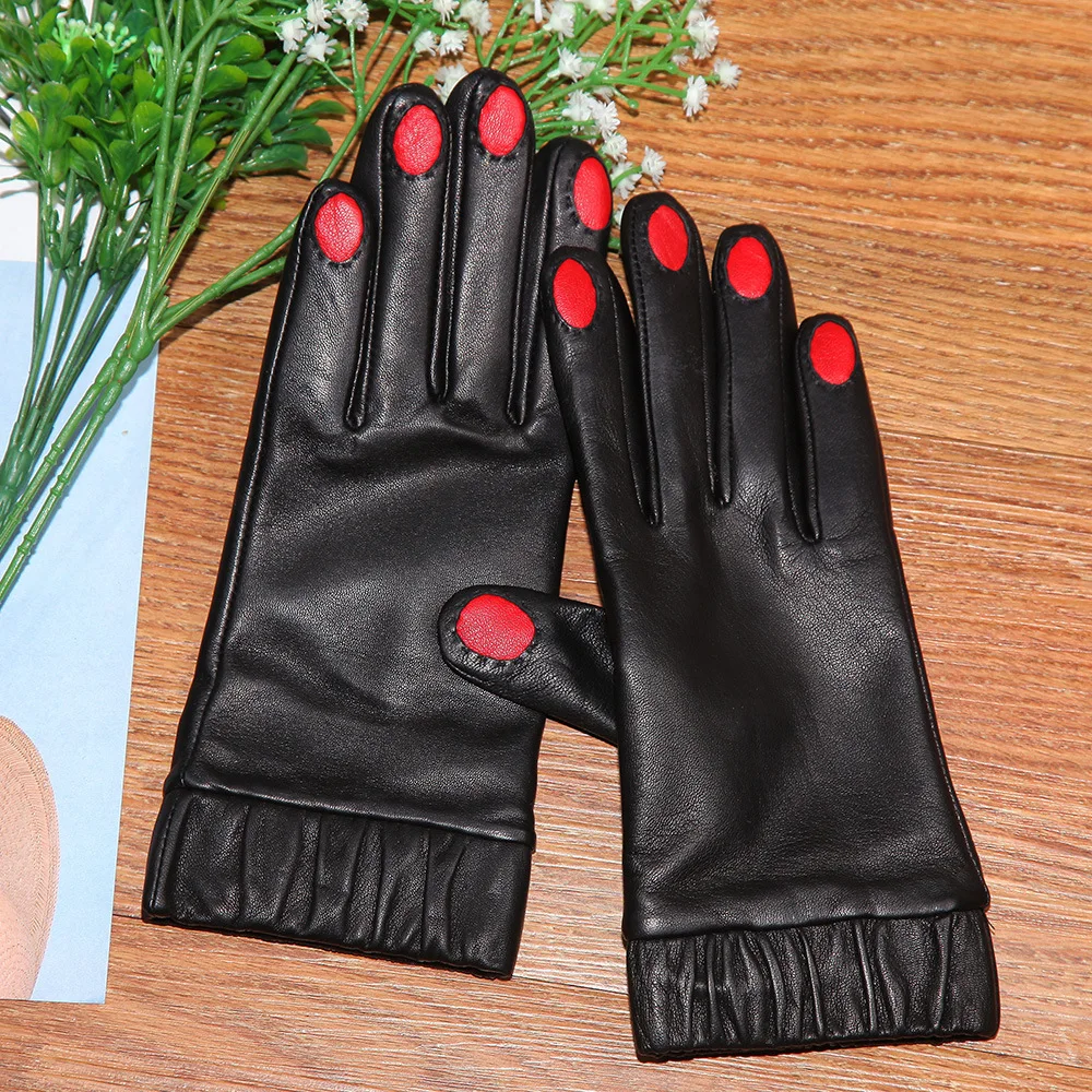

Genuine Leather Gloves Female High Quality Lambskin Gloves Autumn Winter Plus Velvet Thicken Cute Woman's Gloves DQ9106