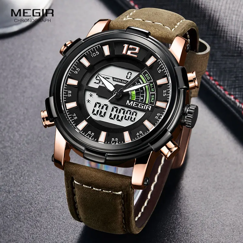 Часы Megir Мужские кварцевые с подсветильник кой хронографом и кожасветодиодный