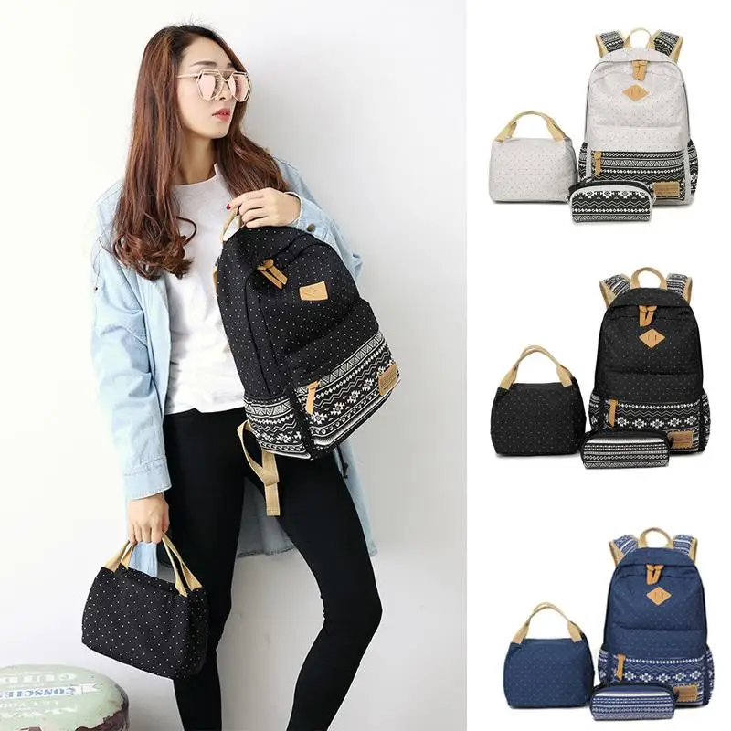 Preppy Stylish Canvas Printing Backpack Women School Bags for Teenage Girls Cute Black Set Travel Backpacks Female Bagpack | Багаж и сумки