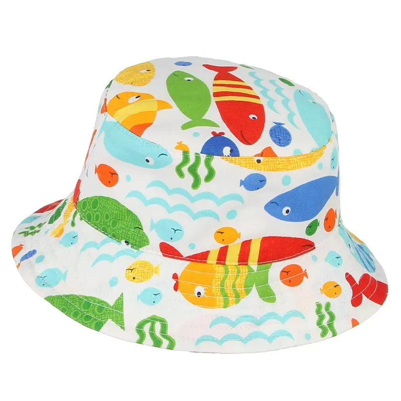 GEMVIE Cartoon Fish Print Bucket Hat Summer Hats For Kids Cotton Cloth Fisher Cap Toddler Boys Girls Beach With Wind Lanyard | Аксессуары