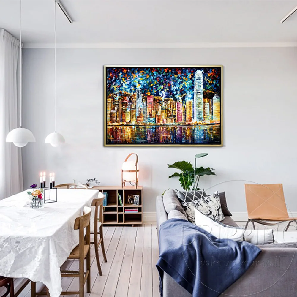 Художественный дизайн красочный Гонконг Пейзаж картина маслом на холсте Ручная