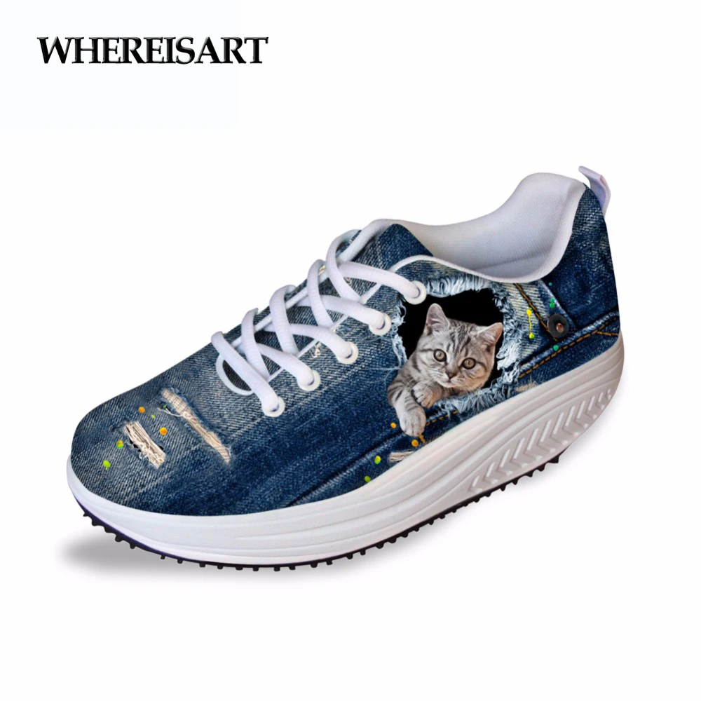 WHEREISART/синяя джинсовая женская повседневная обувь с принтом кроссовки визуально