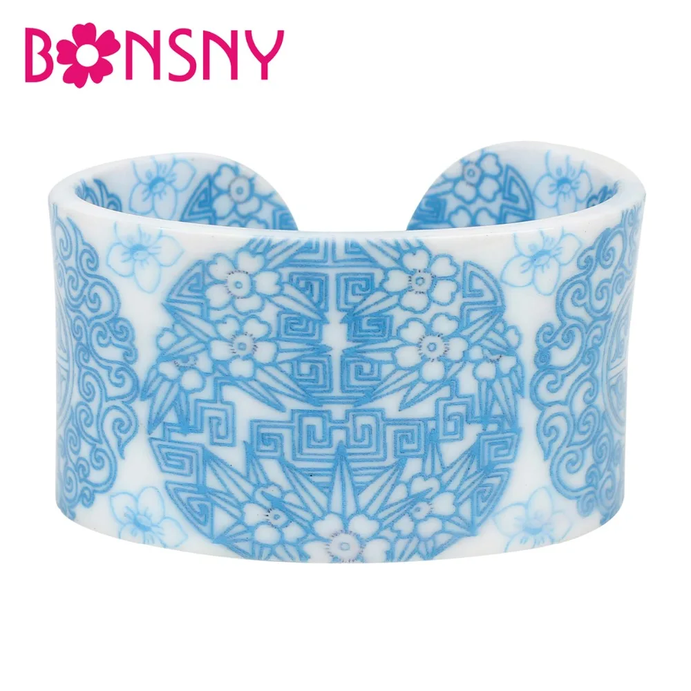 Bonsny Plastic Floral Chinese Blue And White Porcelain Paper-cut Bangles Bracelets Vintage Ethnic Jewelry For Women Girls Ladies | Украшения