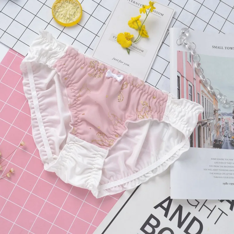 pink SP& CITY, Лолита, кружевные трусики с рюшами и бантом, милое бесшовное нижнее белье для женщин, сексуальные хлопковые трусы с золотым принтом, женское нижнее белье Kawaii - Цвет: pink