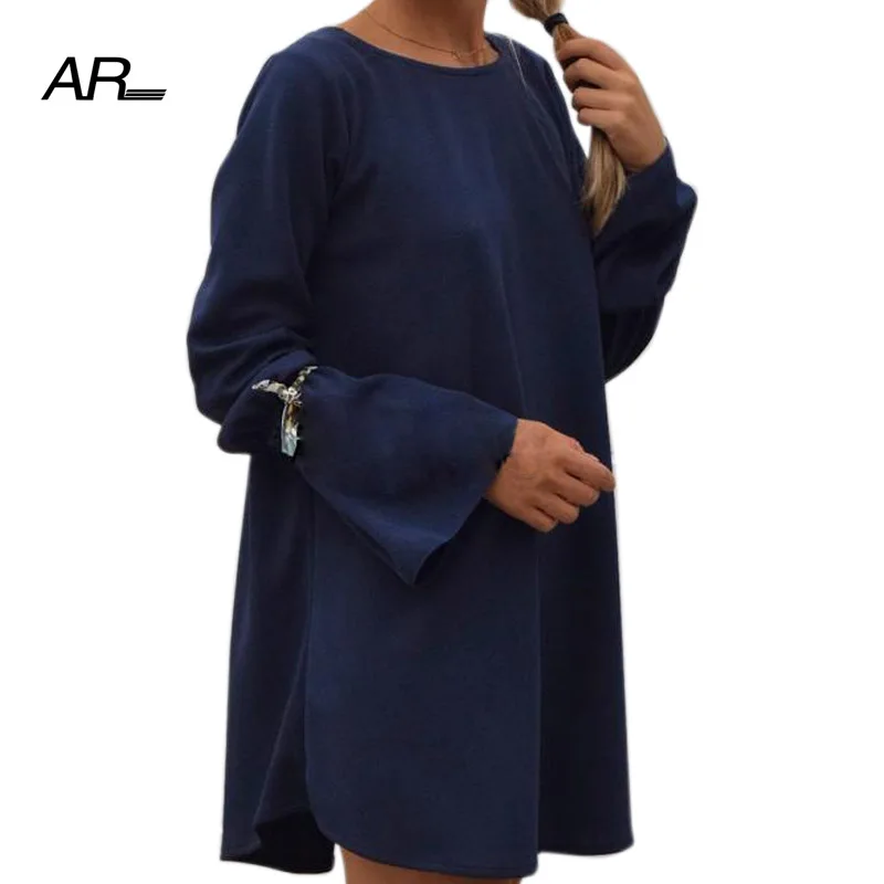 AR Sexy Backless Bandage mini Dress Summer Womens Long Sleeve Bow Cuff Solid Loose Dresses Women O-Neck Casual Short | Женская одежда