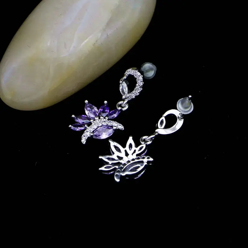 Модные длинные серьги с фиолетовым камнем и кристаллами серебро 925 пробы для
