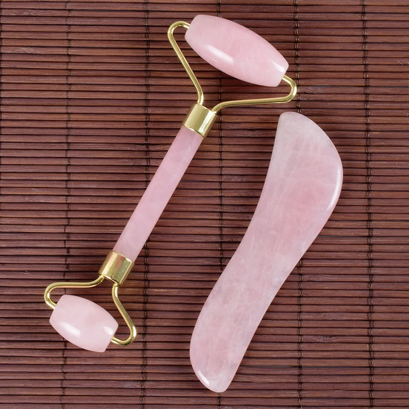 

Rose Quartz Roller Face Gua Sha Tool Set Natural Stone Facial SPA Acupuncture Scraping Beauty Healing Body Crystal Heath Care