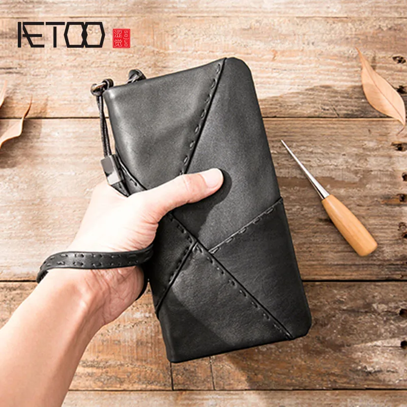 

Кожаный кошелек AETOO мужской с отделением для карт, удлиненный вместительный бумажник на молнии с отделением для телефона, верхний слой из во...