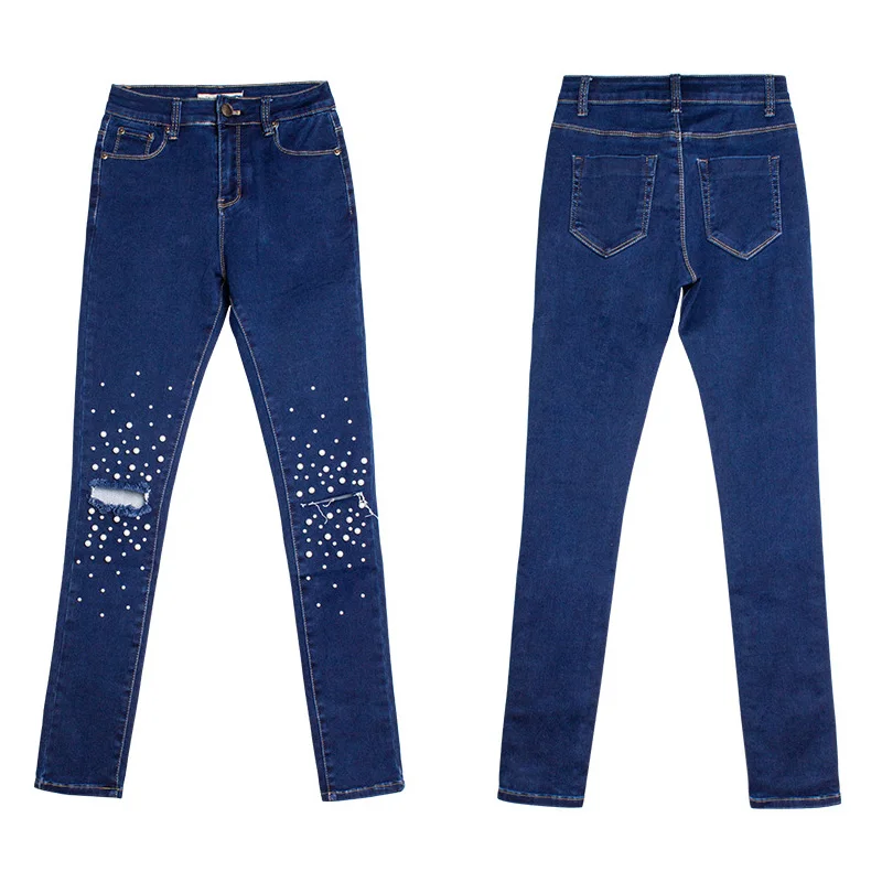 Женские джинсы с жемчугом весна осень 2018 модные обтягивающие Стрейчевые