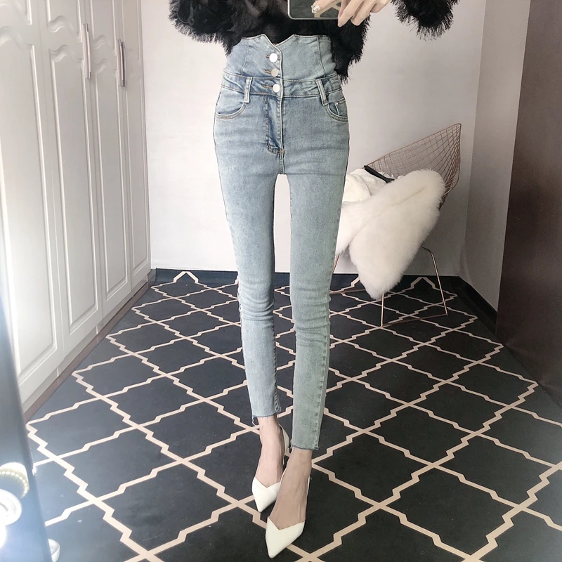 Узкие брюки до щиколотки с высокой талией женские джинсы на молнии карманами