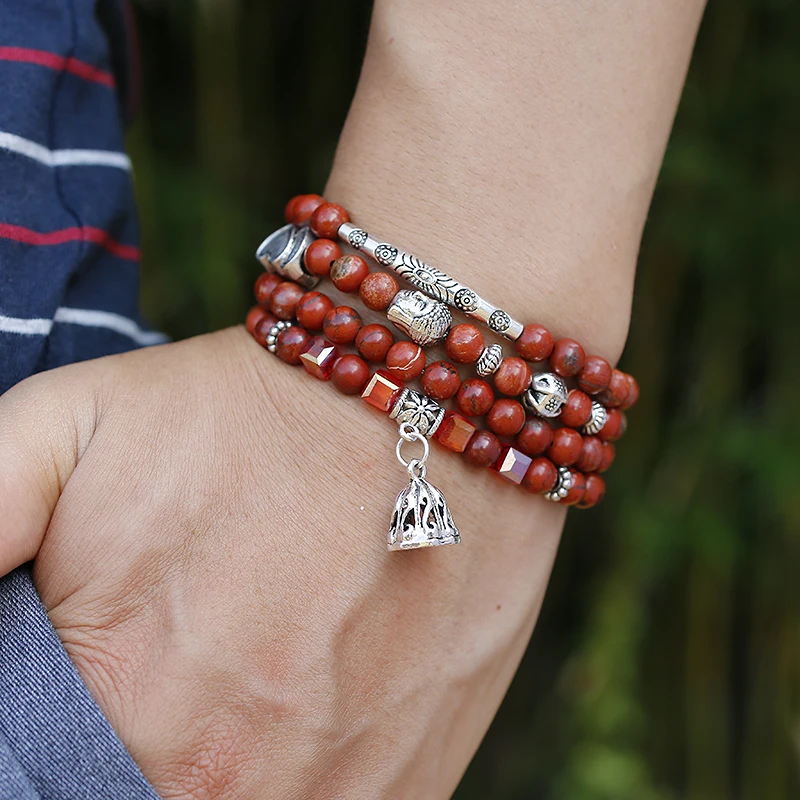 108 Mala Beads Natural Red Stone Wrap Bracelet Crystal Yoga Necklace Meditation Rosary Lotus Alloy Charm Bracelets | Украшения и