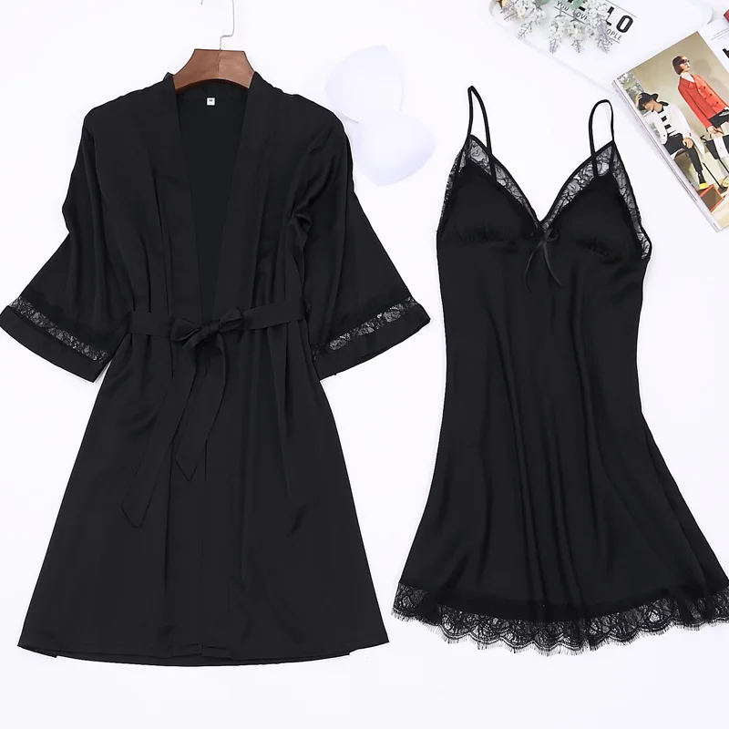 

Ladies Elegant Silk Satin Robe Set Half Sleeve Bathrobe & Sexy Nightdress Lace Sleepwear Set Fashion Twinset For Women