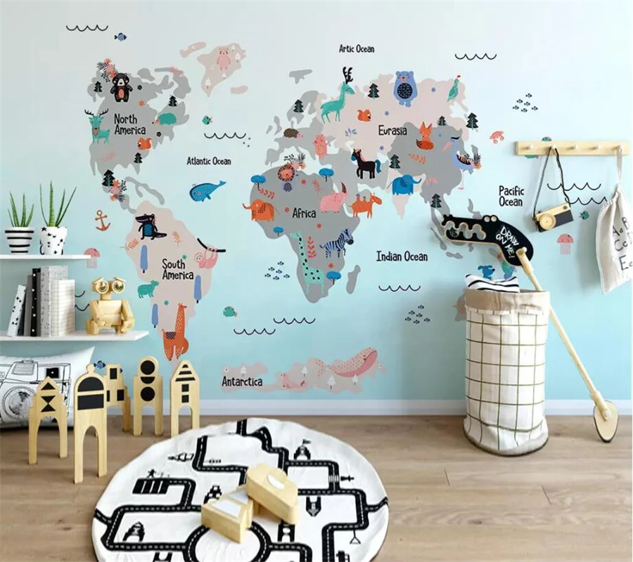 

beibehang Custom wallpaper 3d photo mural hand-drawn cartoon world animal map children's room backdrop wallpaper papel de parede