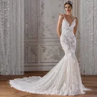 Кружевные свадебные платья-русалки 2021, свадебные платья без рукавов с V-образным вырезом, свадебные платья со шлейфом