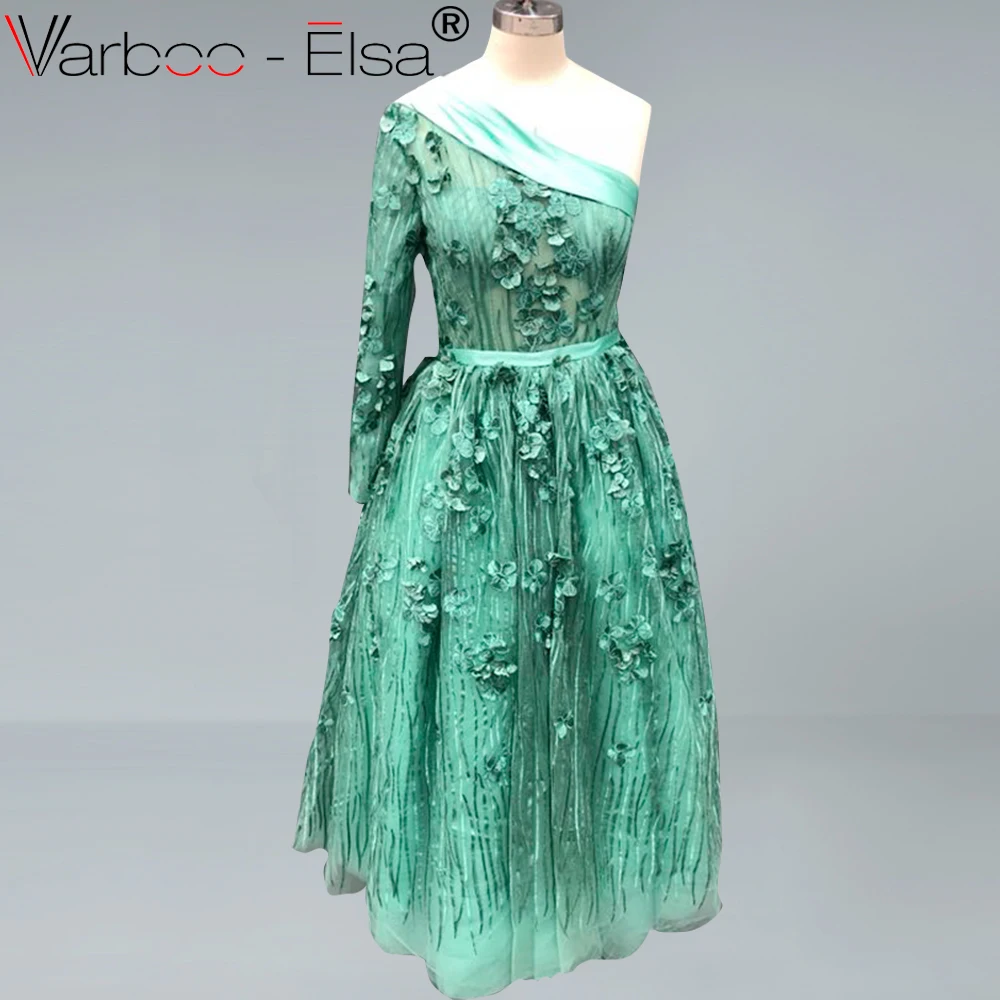 Женское платье на одно плечо VARBOO_ELSA зеленое арабский вечер в Дубае длинное