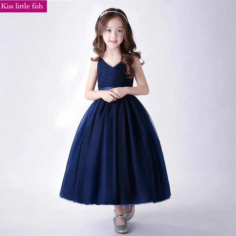 Бесплатная доставка дешевый темно-синий платья для девочек с цветочным рисунком