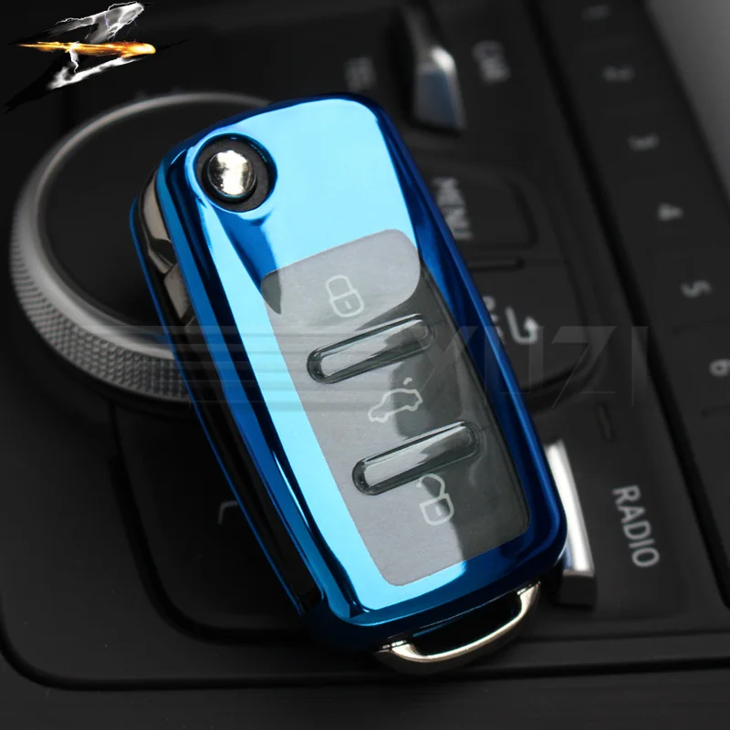 ТПУ чехол для ключей для Volkswagen VW Passat Gold Jetta Polo Bora Sagittarius Tiguan для Skoda Key Cover протектор брелок со стразами - Название цвета: Синий