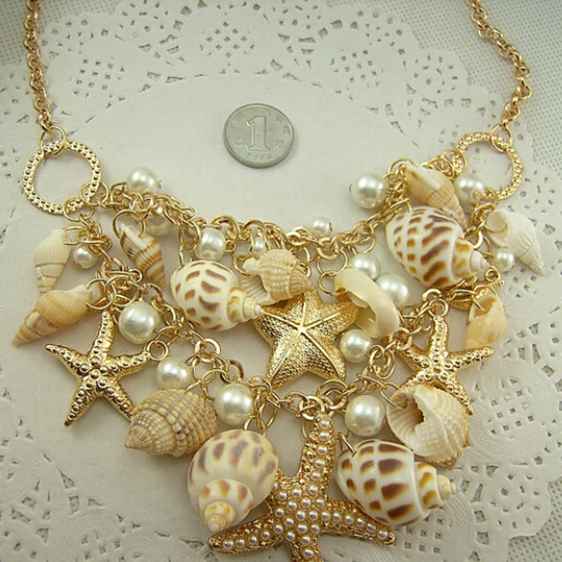 2018 Conch Shell Starfish Simulated pearl Necklace Sweet Fashion Sea Star Plated Multitiered Necklaces &amp Pendants | Украшения и