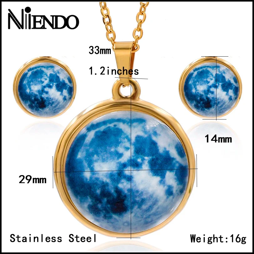 NIENDO Present Hot sale Fashion Women Stainless Steel solar eclipse Glass ball of universe sights pendant earrings Jewelry Sets | Украшения