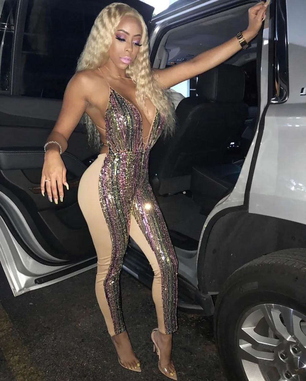 

Bling Bling Sequin Women V Neck Club Sexy Bodycon Women Jumpsuits