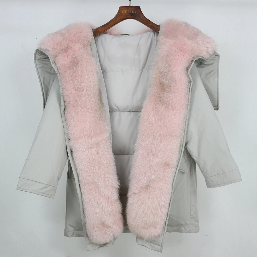 OFTBUY, зимняя куртка для женщин, пальто с натуральным мехом, парка, натуральный большой Лисий мех, воротник с капюшоном, белый утиный пух, куртка, теплая, армейский зеленый, Новинка
