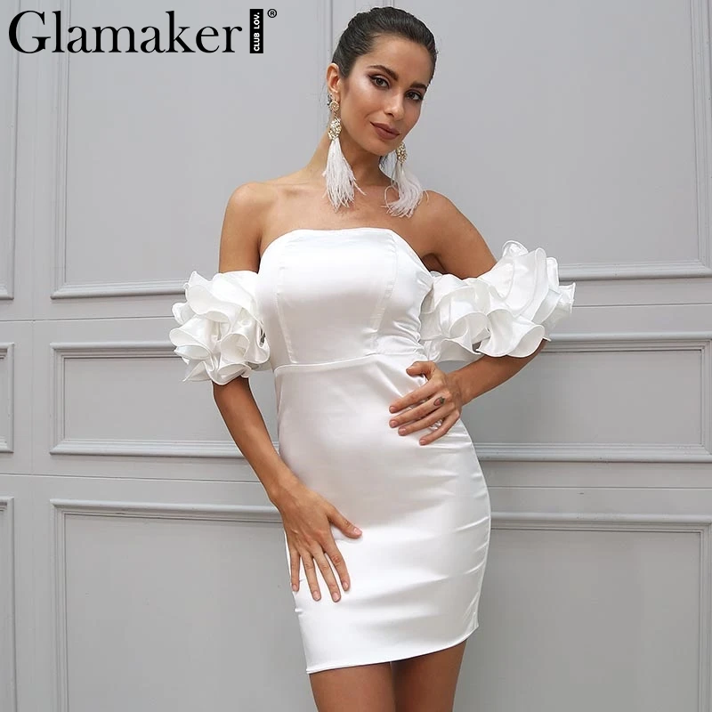 Женское платье с открытыми плечами Glamaker Белое Облегающее оборками элегантное