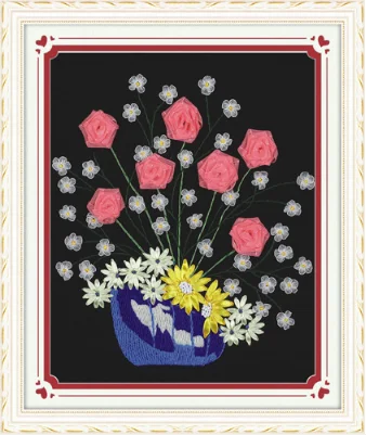 

50x55cm The other shore blooms red Ribbon embroidery kit stain painting set handcraft kit DIY handmade needlework art home decor