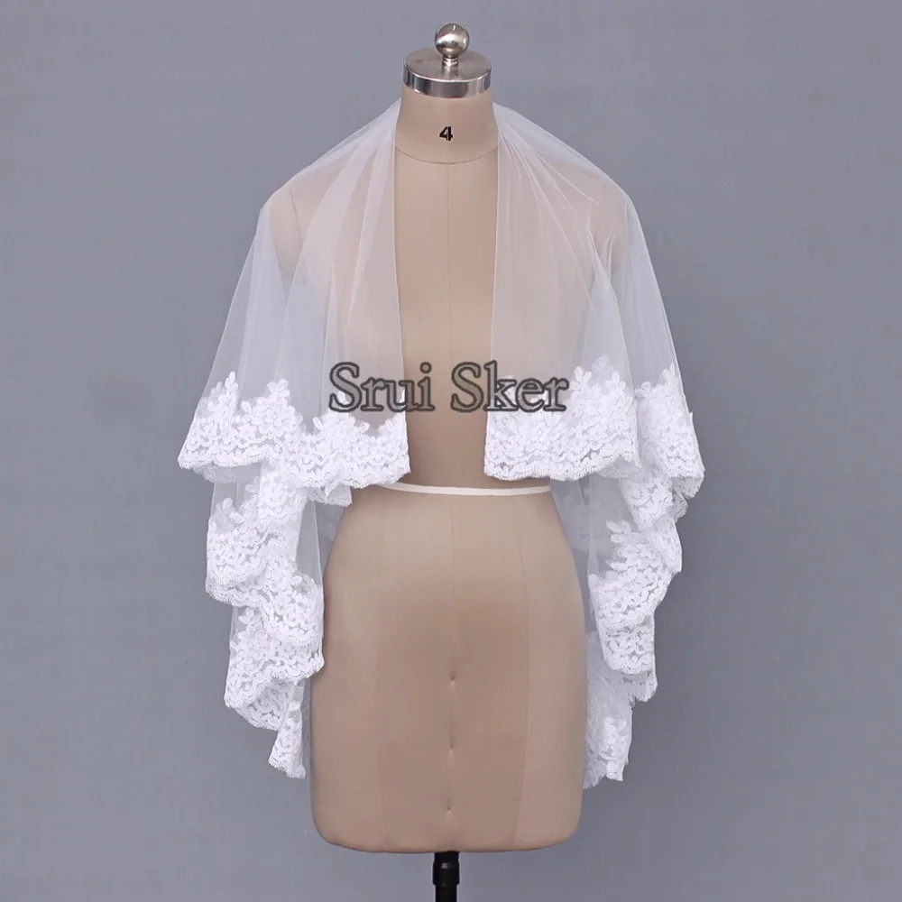 Новая популярная короткая свадебная фата с кружевом дешевая 2 уровня расческой