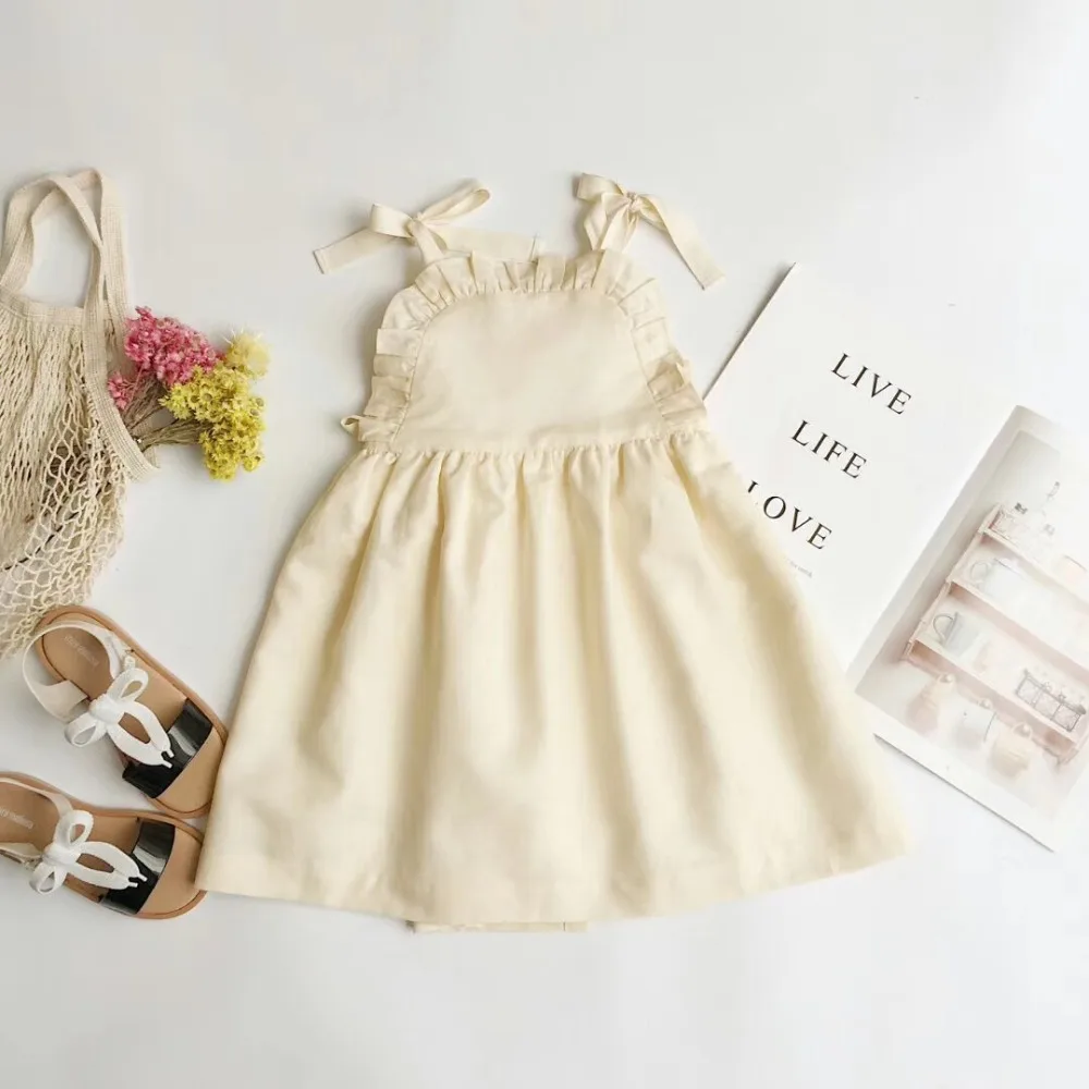 kids dresses Romantic summer dress solid color bow tie strap lovely baby girls clothes Cotton&amplinen comfortable fabric | Детская