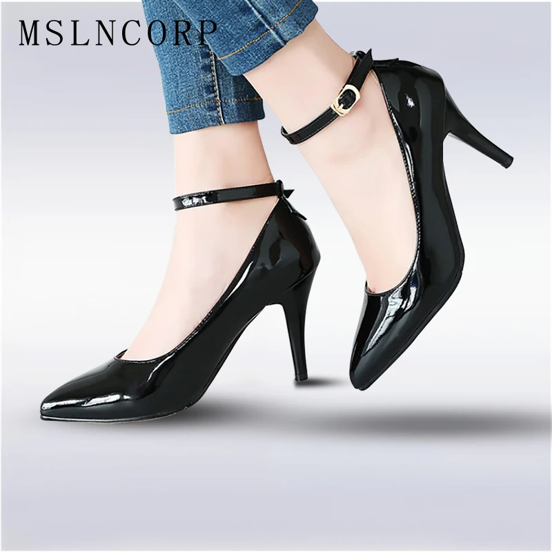 

plus size 34-44 Sexy High Heels Shoes Women Pumps Black Red Party Wedding Shoes Ankle strap Stiletto Fetish Sharp toe Sapatos
