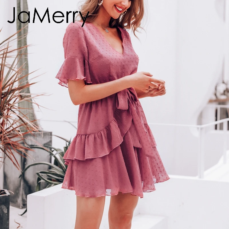 Женское винтажное платье в горошек JaMerry розовый короткий сарафан с оборками