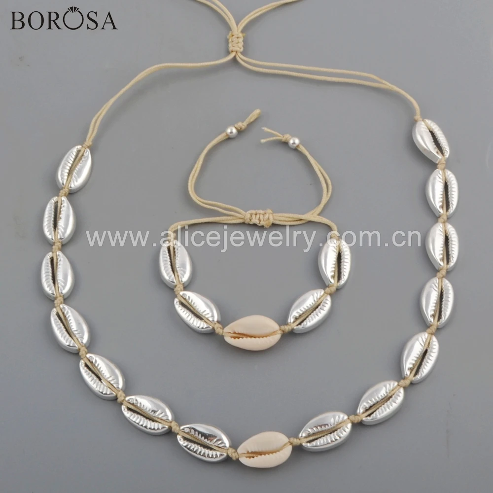 BOROSA 5Sets New Silver Color Cowrie Shell Adjustable Bracelet Necklace Seashell Ocean Beach Jewelry Sets for Women WX1096 | Украшения и
