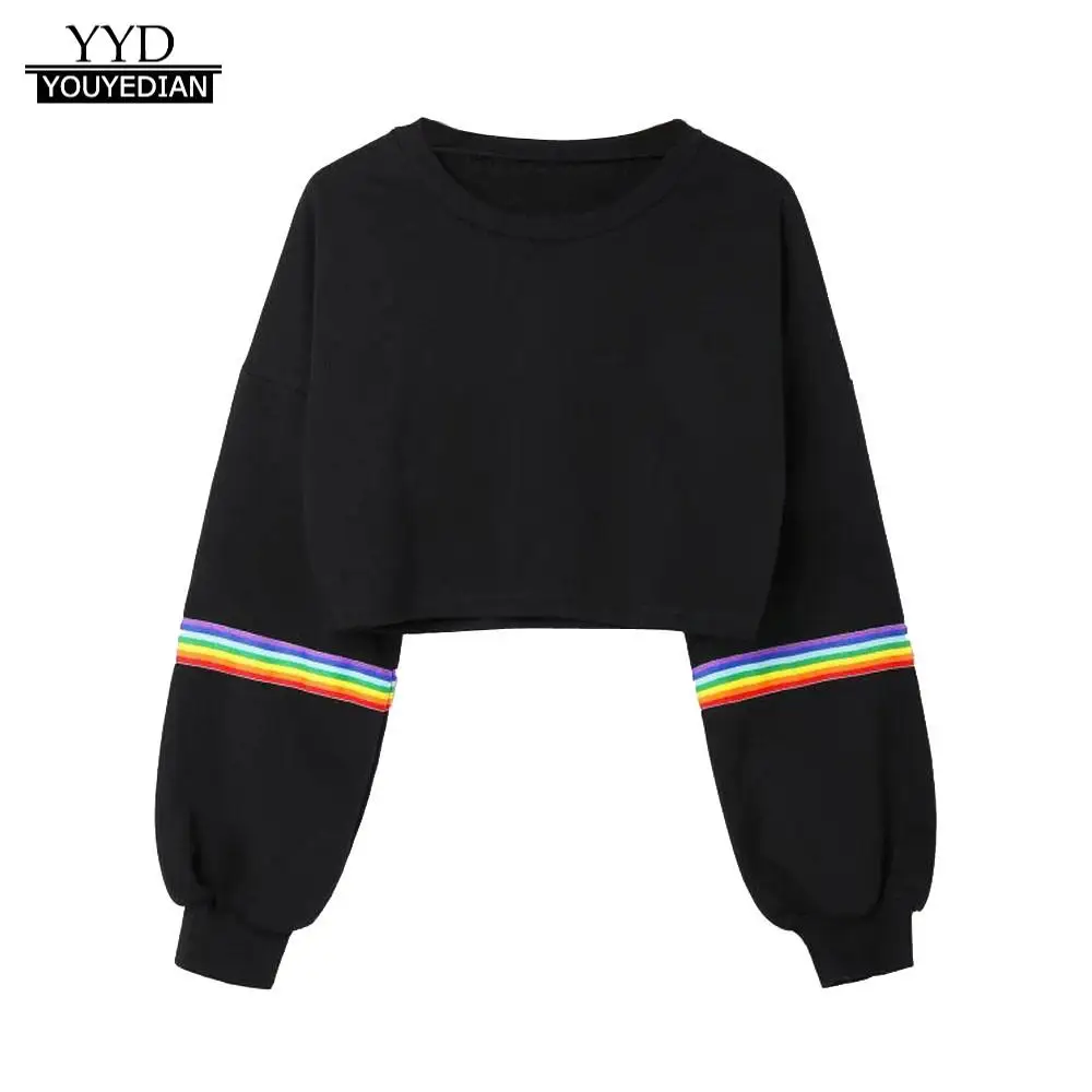 Женский Укороченный свитшот в полоску Moletom Rainbow черный пуловер с длинным рукавом