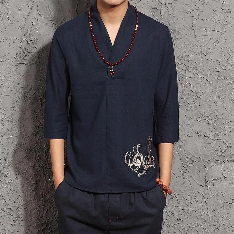 Men Cotton Linen Pullover Shirts Long Sleeve Chinese Style Loose Kung Fu Custume Tai Chi Suit Retro Embroidered Tang TS-330 | Мужская