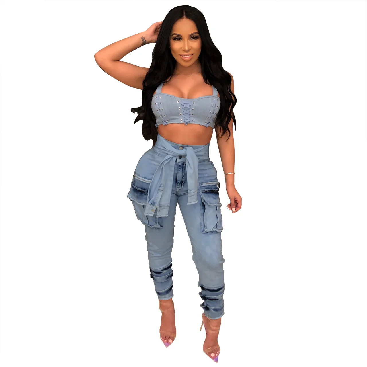 Женские длинные джинсы карандаш с высокой талией и карманами классические брюки