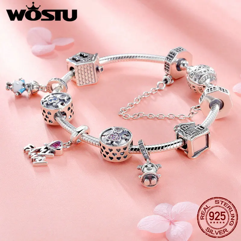 WOSTU 100% 925 пробы серебро я люблю свою Семья Sweet Home Шарм браслет для Для женщин милые