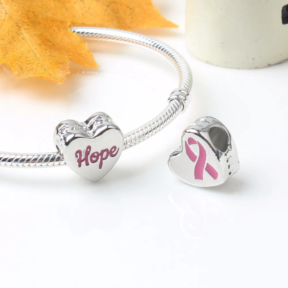 Серебряный цвет 1 шт. розовая лента ожидания Сердце Бусина Подвески Подходит для