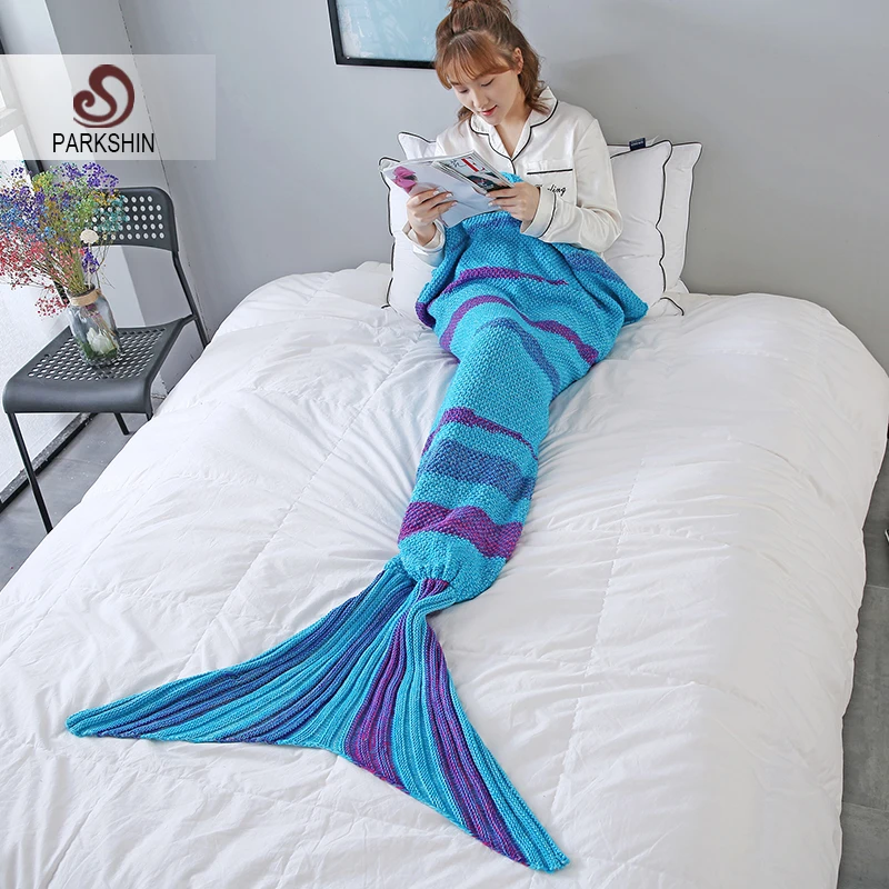 

Parkshin Blue Strip Mermaid Throw Blanket Handmade Mermaid Tail Blanket for Adult Kid Multi Colors 2 Size Sofa Blanket Hot sale