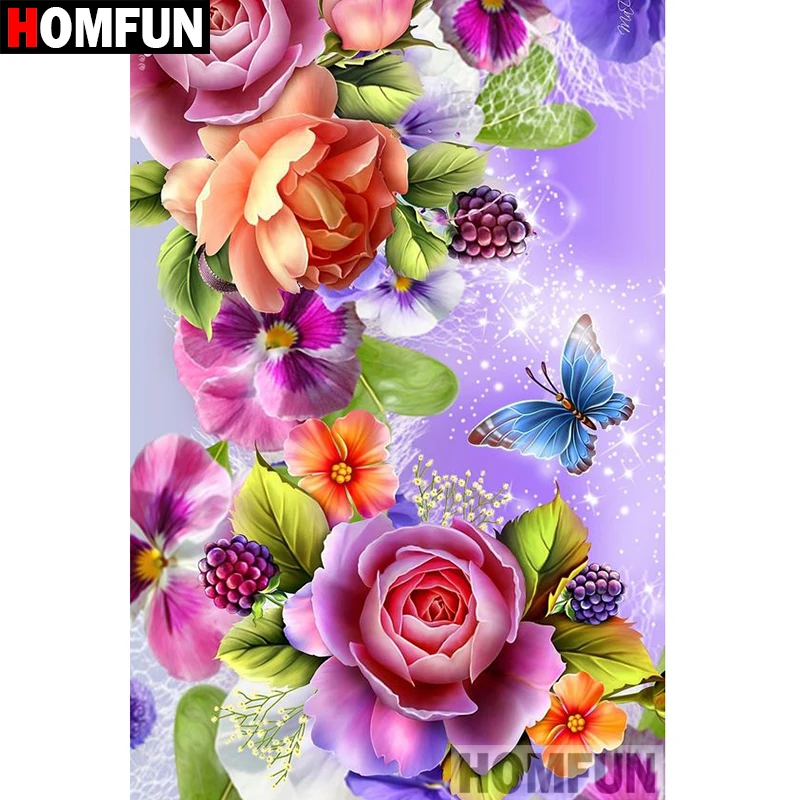 Алмазная 5D картина Цветы и бабочки HOMFUN A07674 вышивка крестиком с