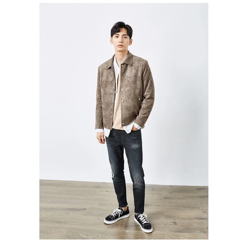 

New 2019 fashion suede jacket men vintage turn down collar single breasted coat for spring autumn