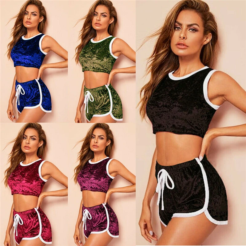 2019 New Women Velet 2PCS Tracksuits Sets Summer Slim Tanks Crop Top Skinny Shorts Lady Fashion Active Sports Loungewear Clothes |