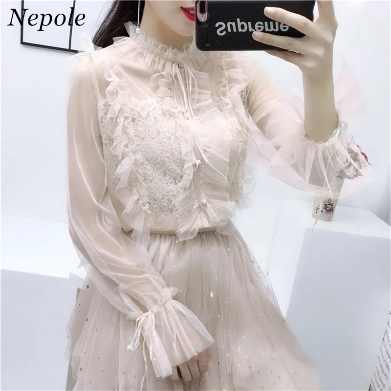 Neploe Lace Sweet Girl Grace Women Blouse Hollow Out Puffs Blousa 2019 New Auttum Elegant Slim Casual Fashion Shirt 68683 |