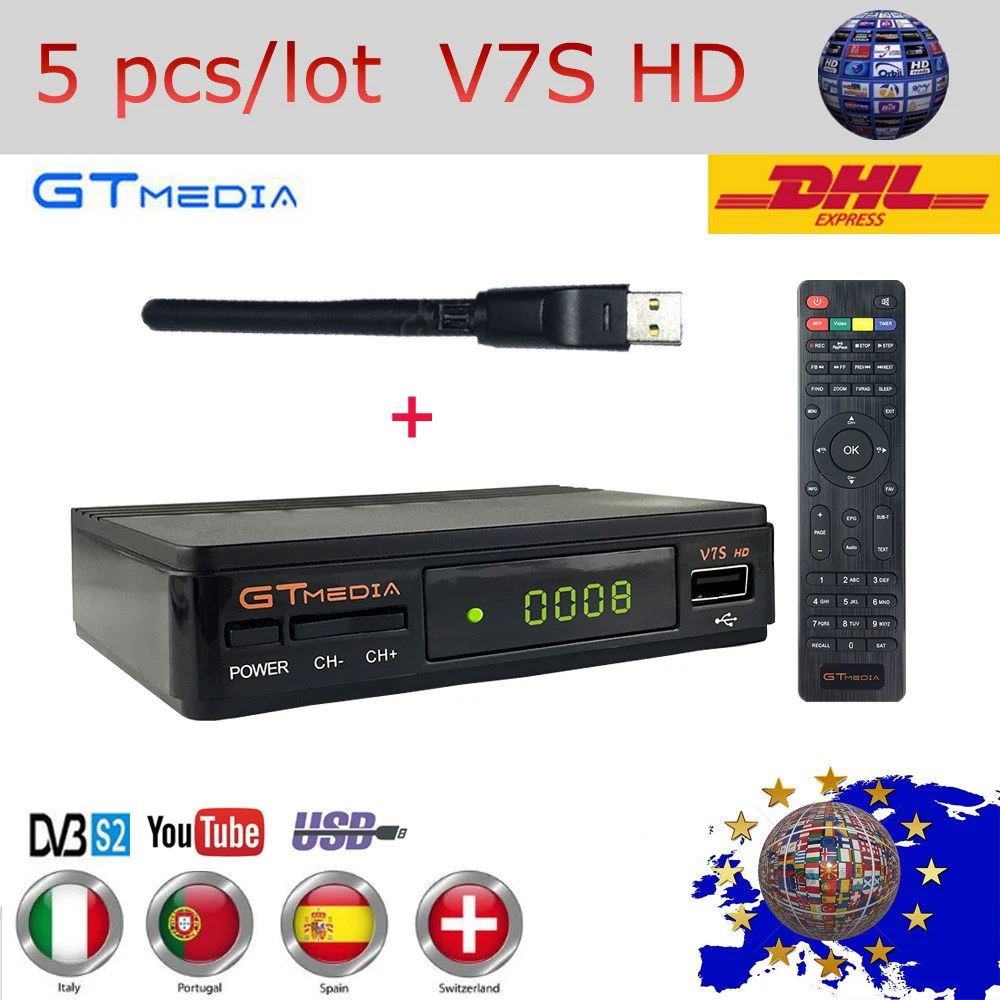 5 шт/лот GTMEDIA Freesat V7S HD спутниковый ресивер DVB-S2 1080P HD Поддержка Clines Newcam PowerVu, DRE& Biss key V7S декодер