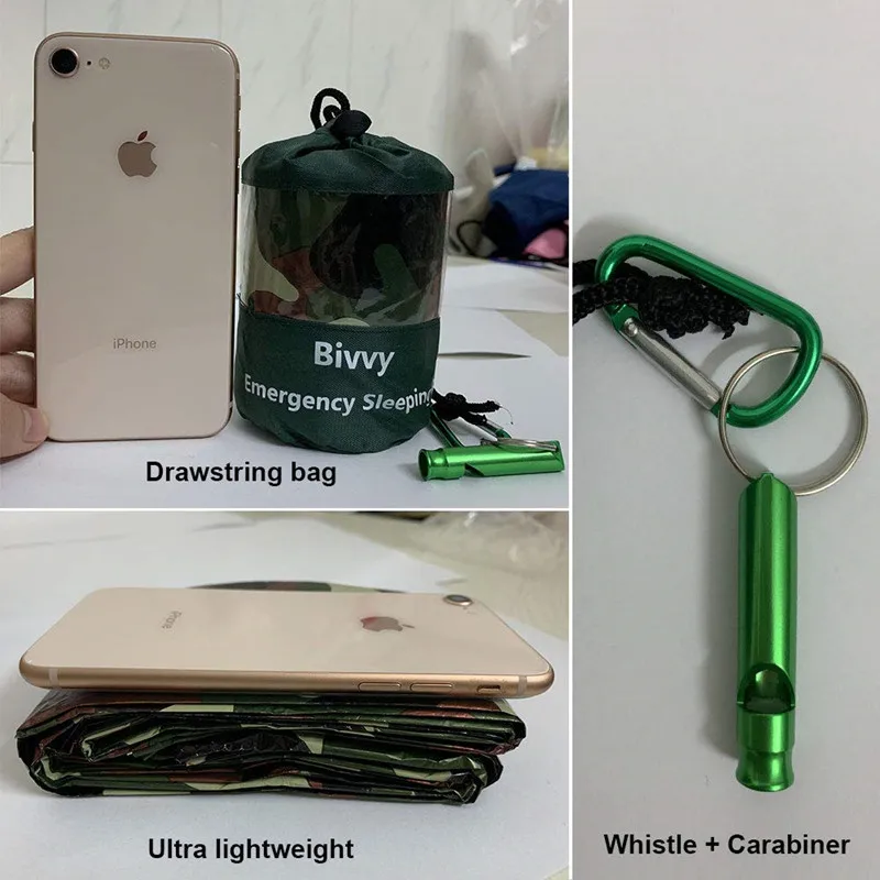 Аварийный Bivy мешок, спальный мешок для выживания, аварийное одеяло для пеших прогулок, кемпинг с портативным мешком на шнурке+ свисток+ карабин