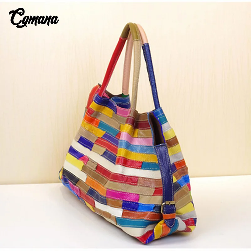 CGmana 100% Genuine Leather Women Handbag First Cowhide Fashion Striped Stitching Shoulder Bags Casual Tote | Багаж и сумки