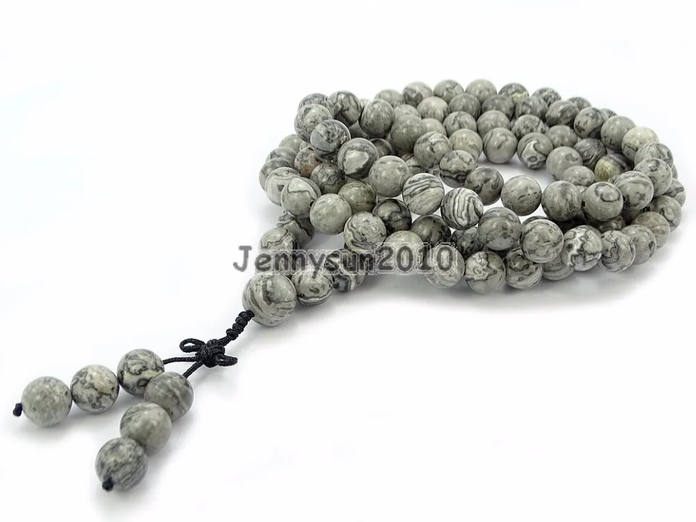 

Natural Landscape 10mm Gems Stone Buddhist 108 Beads Prayer Mala Long Necklace Multi-Purpose 5Strands/Pack