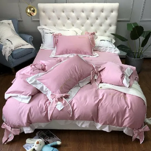 bedding set 6 Египетский хлопок роскошный комплект постельного белья бежевый серый розовый бант пододеяльник мягкая простыня покрывало простыня комплект parure de lit - Цвет: bedding set 6