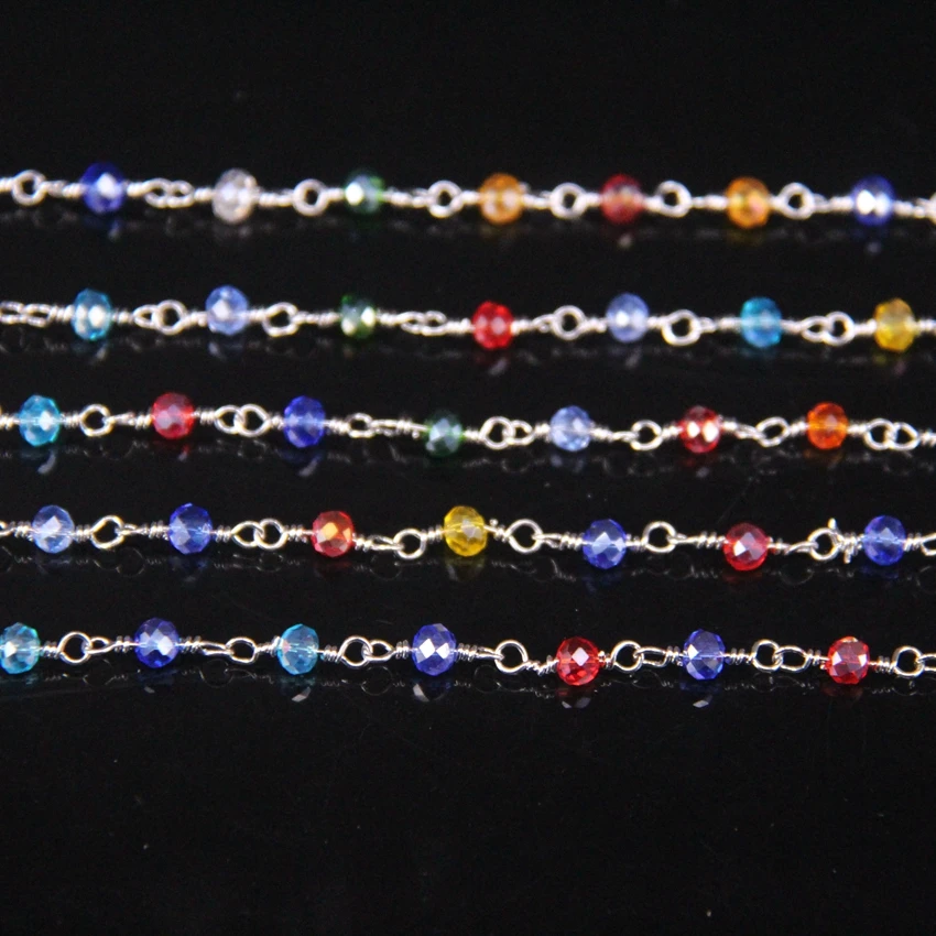 

5Meters Multicolor Glass 3x4mm Faceted Rondelle Beads Chain,Glass Crystal With Silver Plated Brass Wire Wrapped Rosary Chains